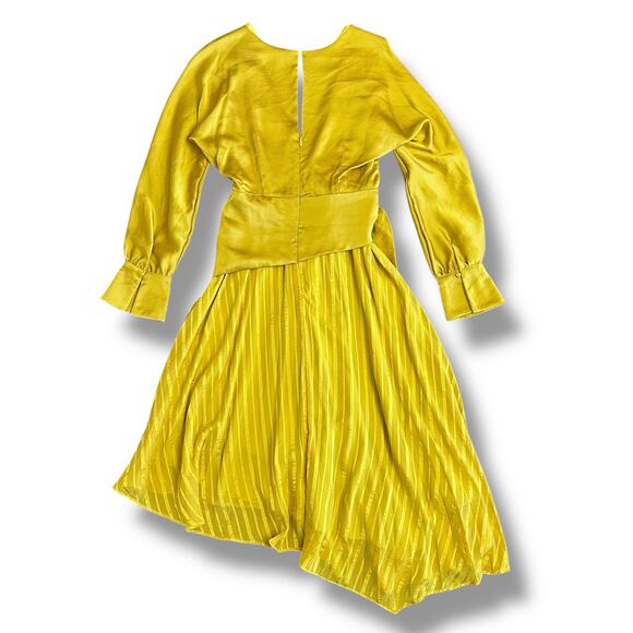 Chartreuse Pleated Wrap Dress Long Sleeve Asym Hem Midi Yellow Women - Picture 7 of 11